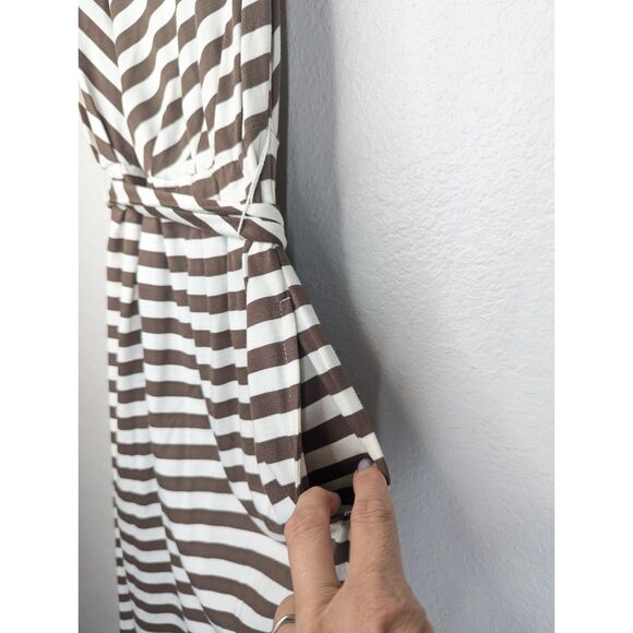EUC Talbots Brown Cream Striped Sleeveless Dress Size XS Tie Waist Pockets Soft! - Picture 6 of 9